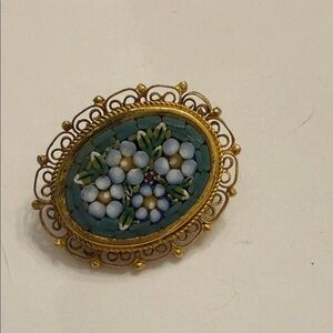 Vintage Italy Floral Micro Mosaic Brooch with Gold Frame Forget Me Nots